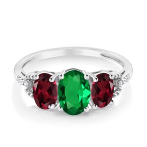 Gem Stone King 10K White Gold Green Simulated Emerald Red Rhodolite Garnet and Diamond 3-Stone Engagement Ring For Women (1.62 Cttw, Gemstone Birthstone, Available In Size 5, 6, 7, 8, 9)