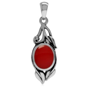 silvershake created red coral 925 sterling silver vintage inspired leaf pendant