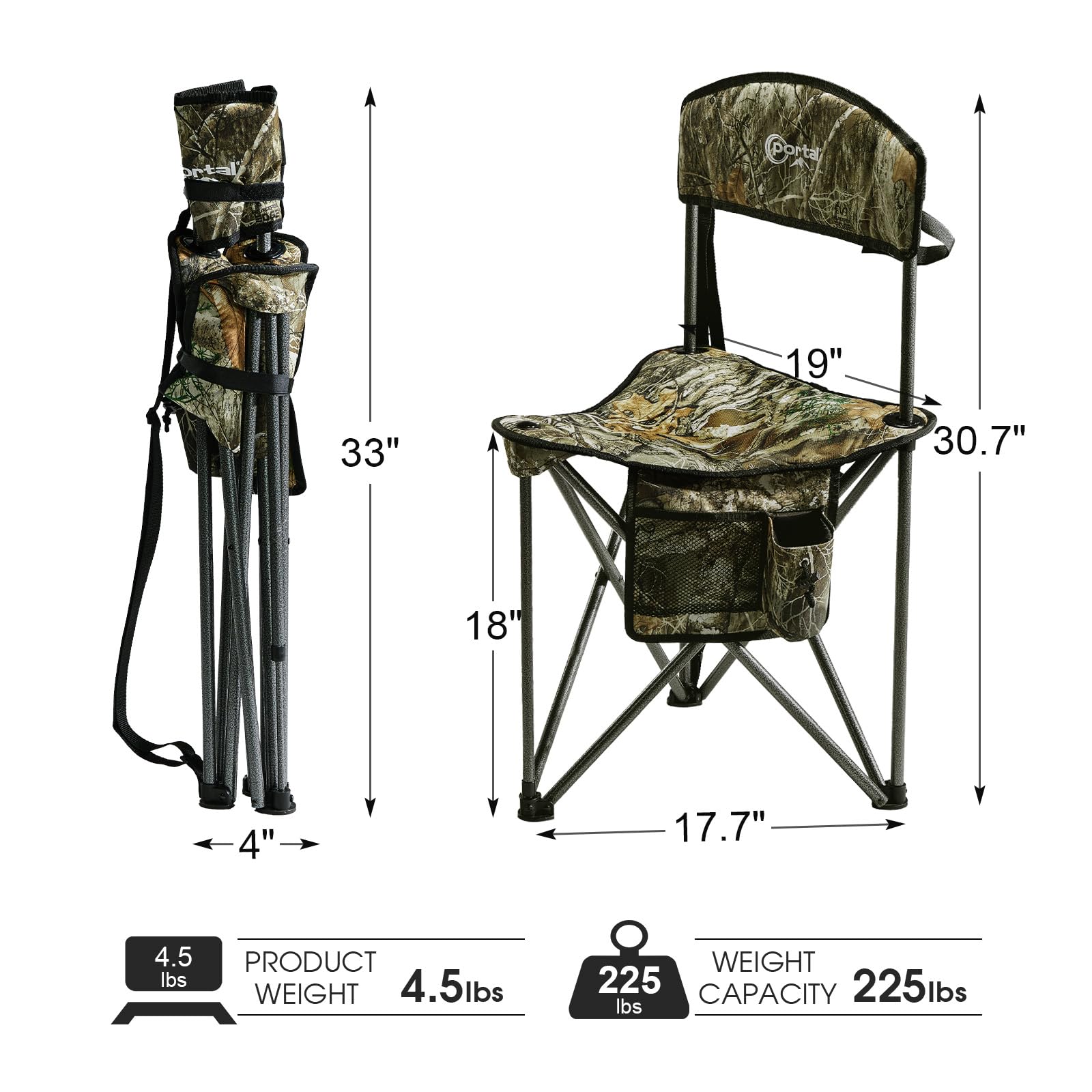 PORTAL Extra Large Quick Folding Tripod Stool with Backrest Fishing Camping Chair with Carry Strap (Camo)