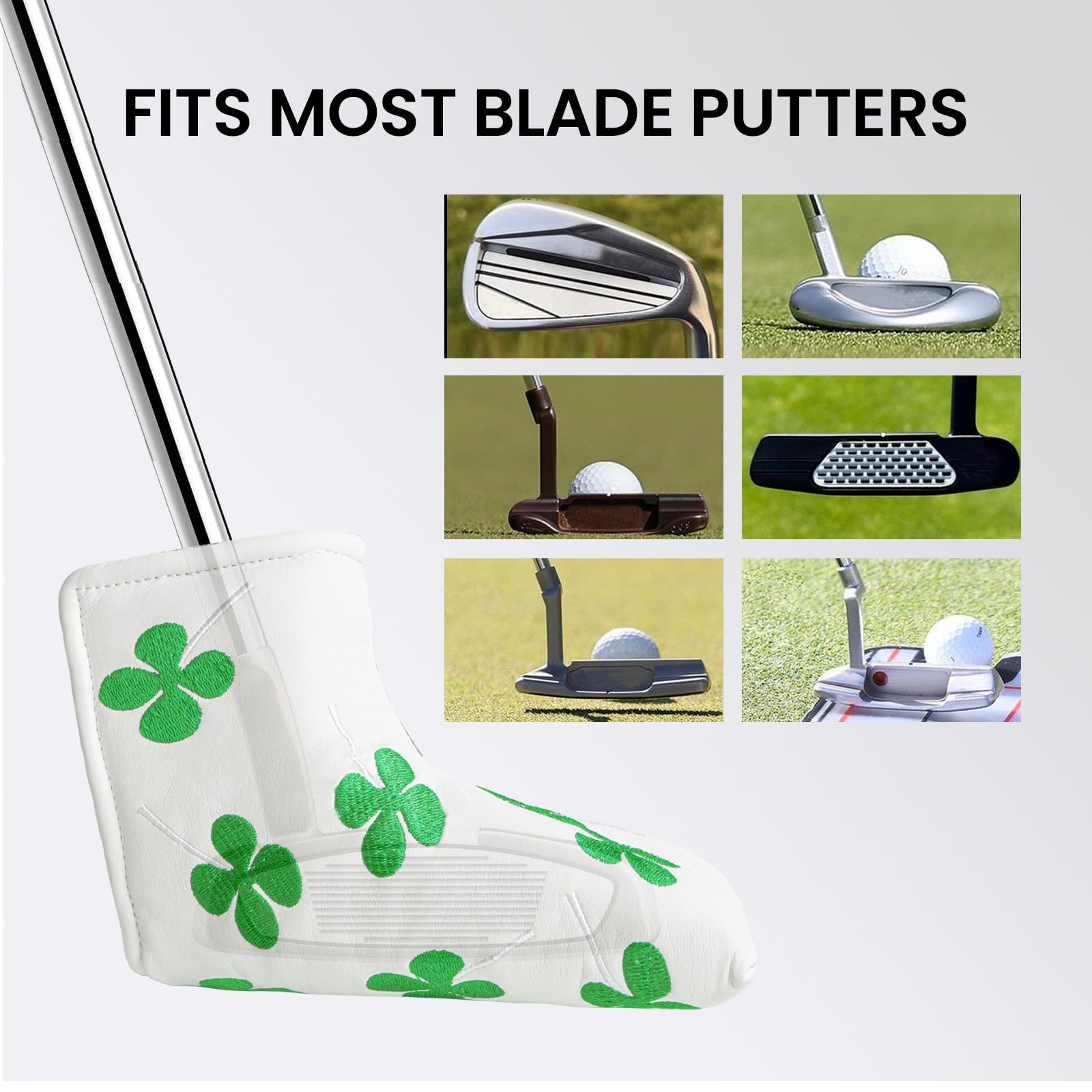 Golf Putter Head Covers Blade Club Headcover PU Leather Protector Cover Black White Fits All Putters for Men Women (White&Green Leaves)