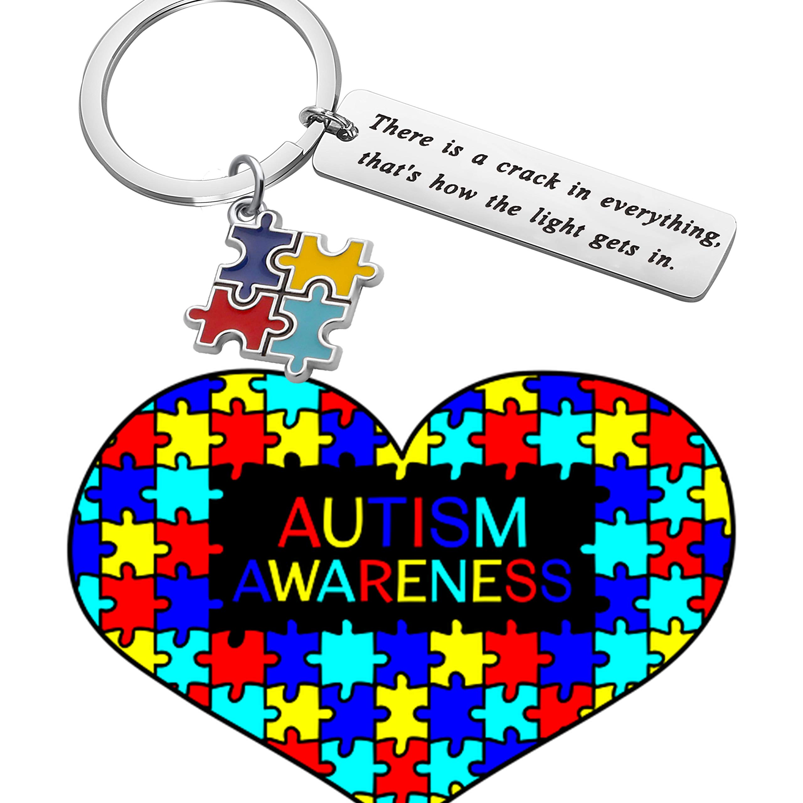 FUSTMW Autism Awareness Keychain Gift Puzzle Piece Charm Autism Mom Inspirational Gift for Autistic Teen There is a crack in everything that is how the light gets in (silver)