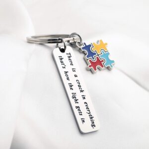 FUSTMW Autism Awareness Keychain Gift Puzzle Piece Charm Autism Mom Inspirational Gift for Autistic Teen There is a crack in everything that is how the light gets in (silver)