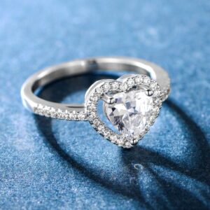 18K White Gold Plated Heart Cubic Zirconia Rings for Women Wedding Promise Engagement Size 8