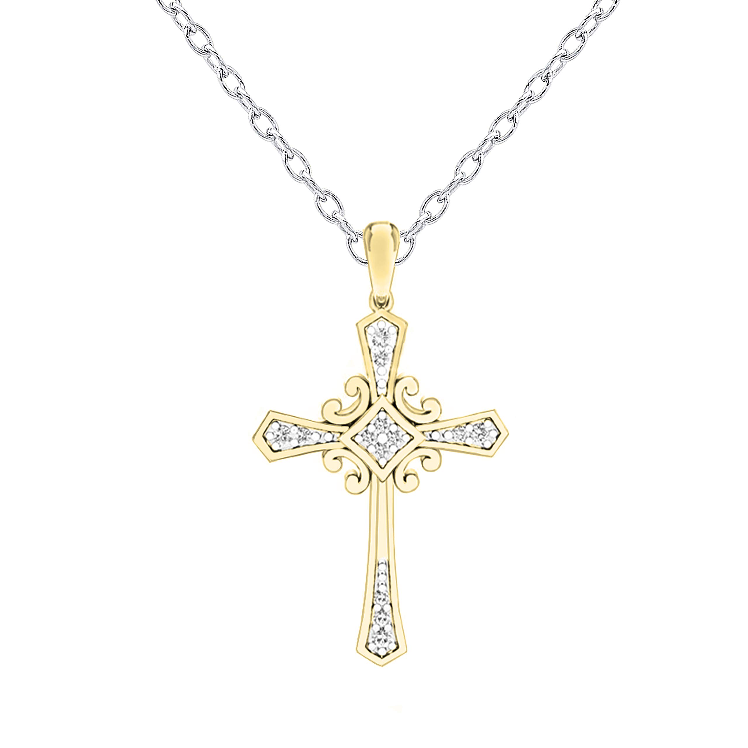 Dazzlingrock Collection 0.10 Carat (ctw) 18K Round White Diamond Cross Pendant 1/10 CT (Silver Chain Included), Yellow Gold