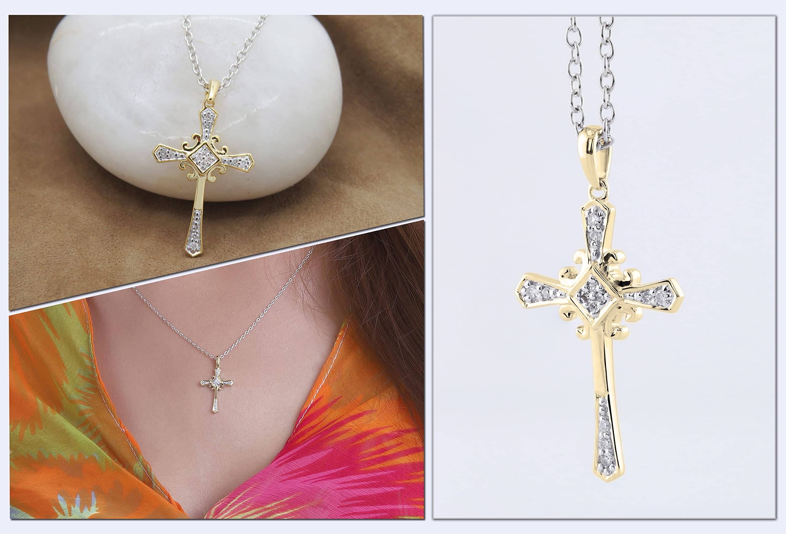 Dazzlingrock Collection 0.10 Carat (ctw) 18K Round White Diamond Cross Pendant 1/10 CT (Silver Chain Included), Yellow Gold