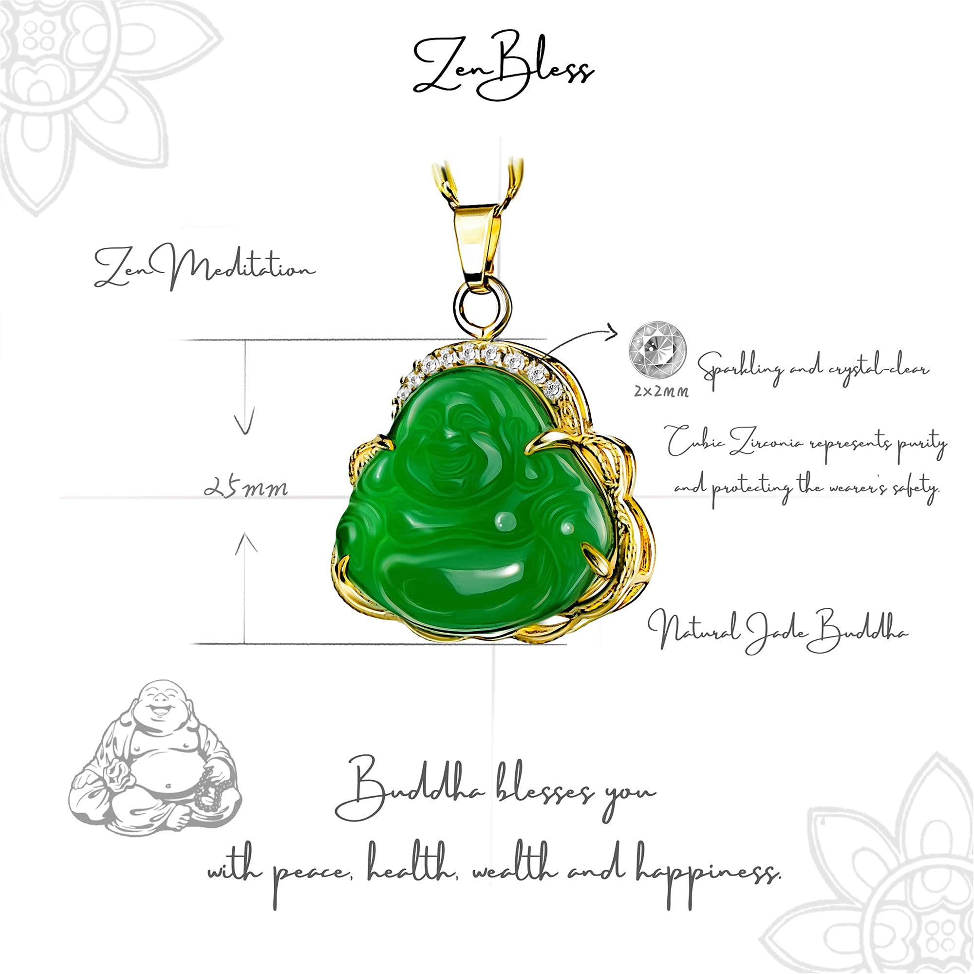 ZenBless Buddha Cubic Zirconia Necklace Iced Out Jade Laughing Buddha Necklace for Women Yoga Mala Feng Shui Good Luck Gifts for Women