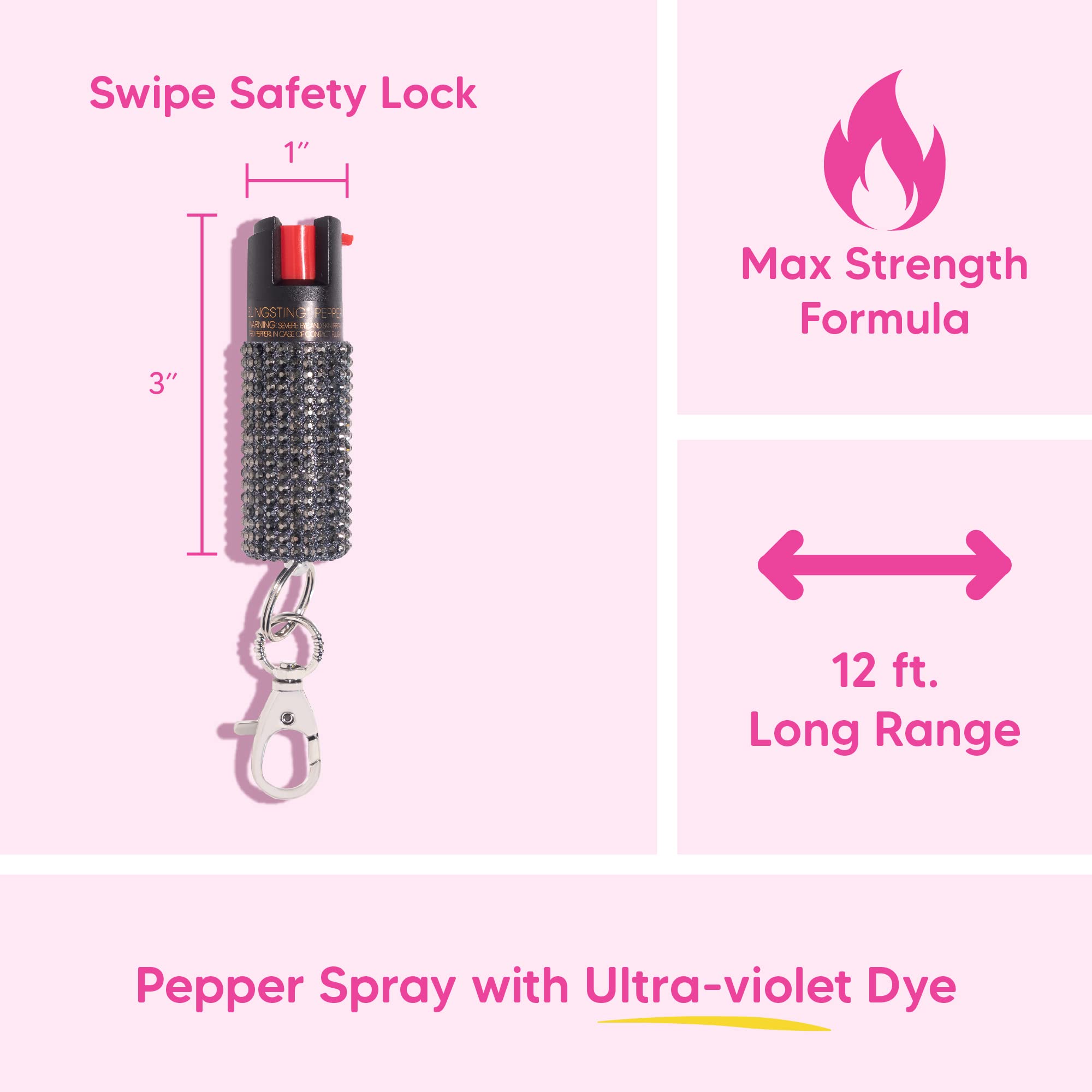 BLINGSTING Maximum Strength Pepper Spray Self Defense Keychain for Women, 12-ft Spray Range, UV Marking Dye, Rhinestones