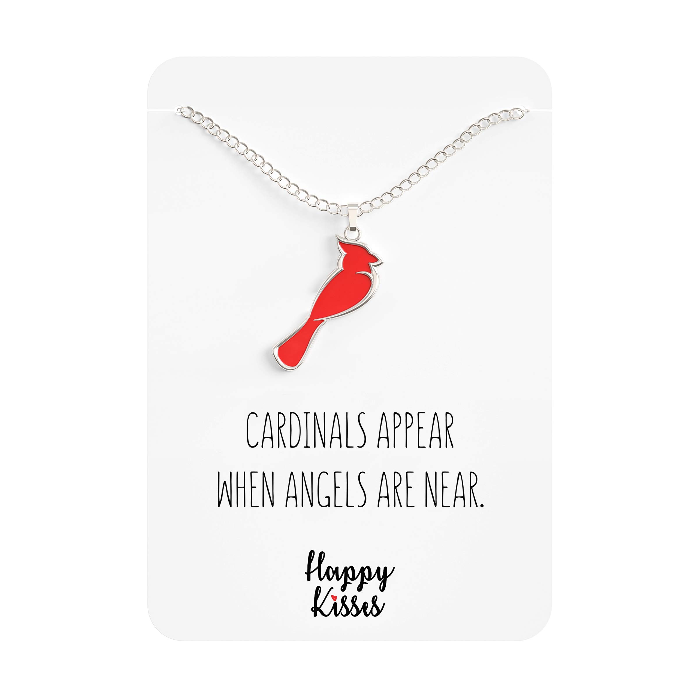 Happy Kisses Cardinal Necklace For Women – Cute Red & Silver Charm – Cardinals Appear When Angels Are Near Message Card