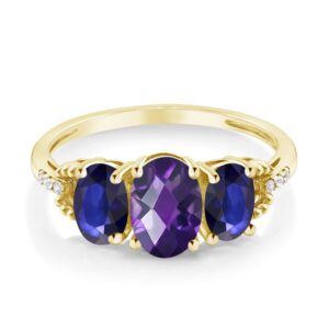 Gem Stone King 10K Yellow Gold Purple Amethyst and Blue Sapphire Women Diamond Accent Engagement Ring (4.41 Ct Oval Checkerboard) (Size 5)