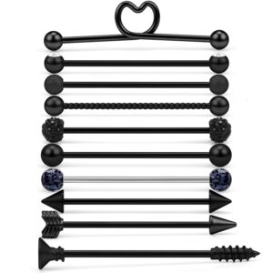 dyknasz industrial bar 14g 10pcs surgical steel industrial barbell earrings for women men cartilage helix piercing body jewelry 1 1/2 inch clear cz spike screw heart braided arrow black