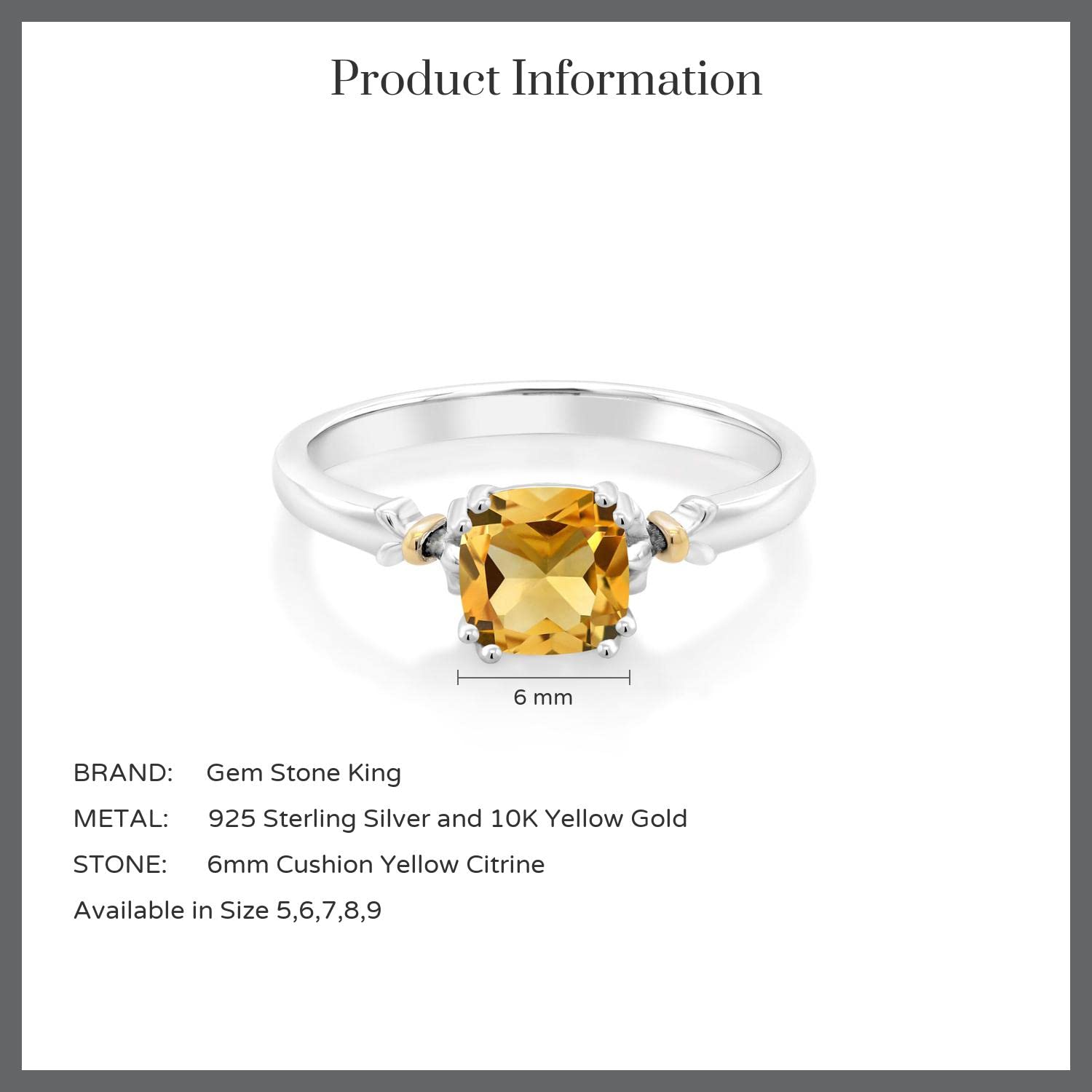 Gem Stone King 925 Sterling Silver and 10K Yellow Gold 6MM Cushion Cut Gemstone Birthstone Engagement Ring | Wedding Anniversary Promise Ring For Women | Available In Size 5, 6, 7, 8, 9