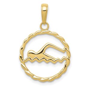 jewelry stores network 10k yellow gold swimmer inside open round textured pendant 20 mm x 17 mm