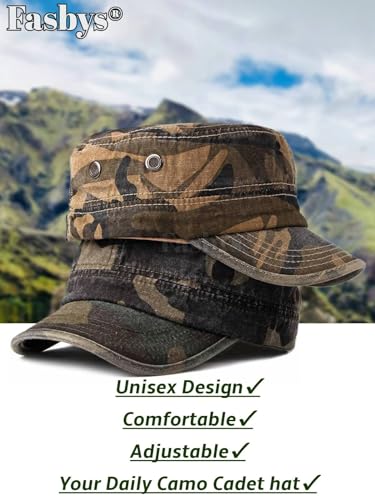 Fasbys Military Army Cadet Hat Men Women Unisex Cotton Flat Top Camo Baseball Cap Adjustable Daily Sports Camping Hat