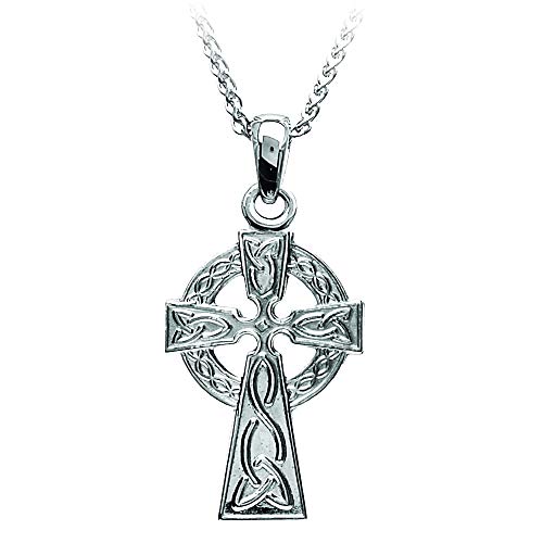 Biddy Murphy Celtic Cross Necklace for Women, 925 Sterling Silver, Small Traditional Irish Crucifix Pendant 1/2" Wide x 3/4" Tall with Rolo Chain, Made in Ireland