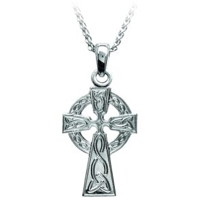 Biddy Murphy Celtic Cross Necklace for Women, 925 Sterling Silver, Small Traditional Irish Crucifix Pendant 1/2" Wide x 3/4" Tall with Rolo Chain, Made in Ireland