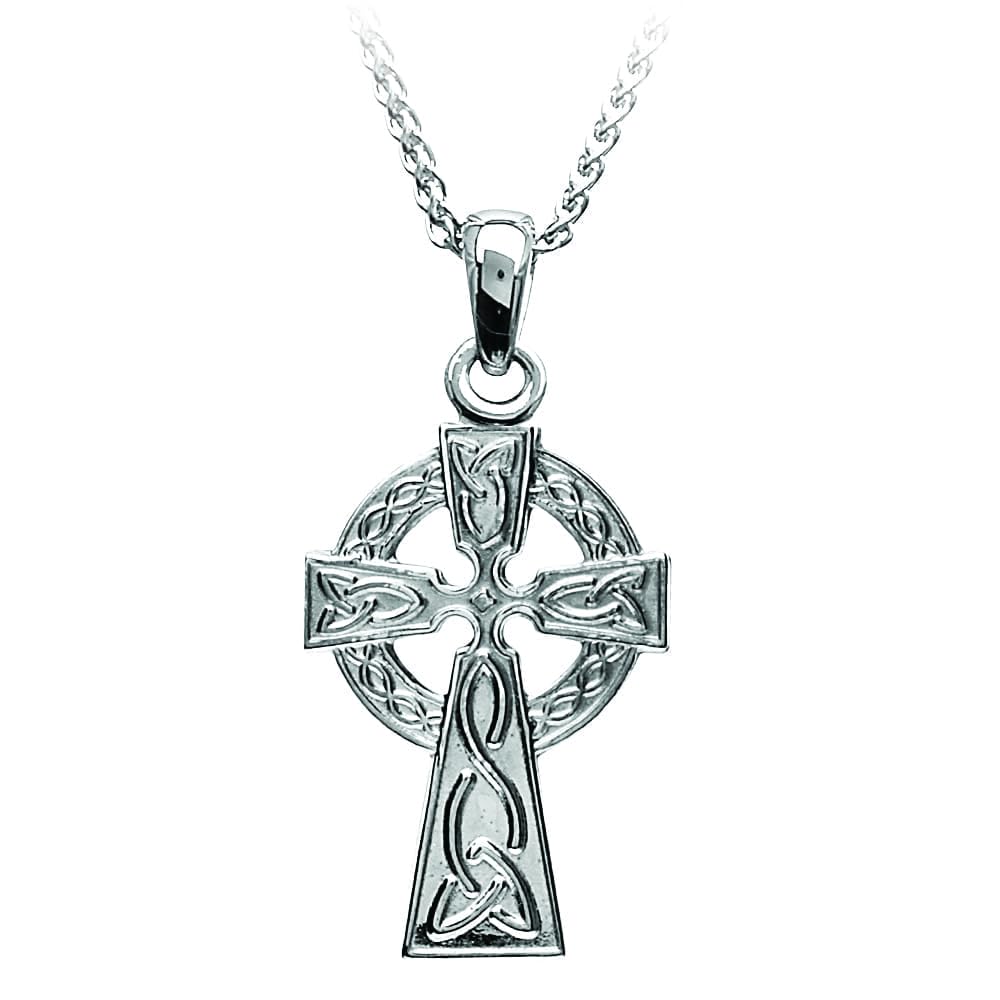 Biddy Murphy Celtic Cross Necklace for Women, 925 Sterling Silver, Small Traditional Irish Crucifix Pendant 1/2" Wide x 3/4" Tall with Rolo Chain, Made in Ireland