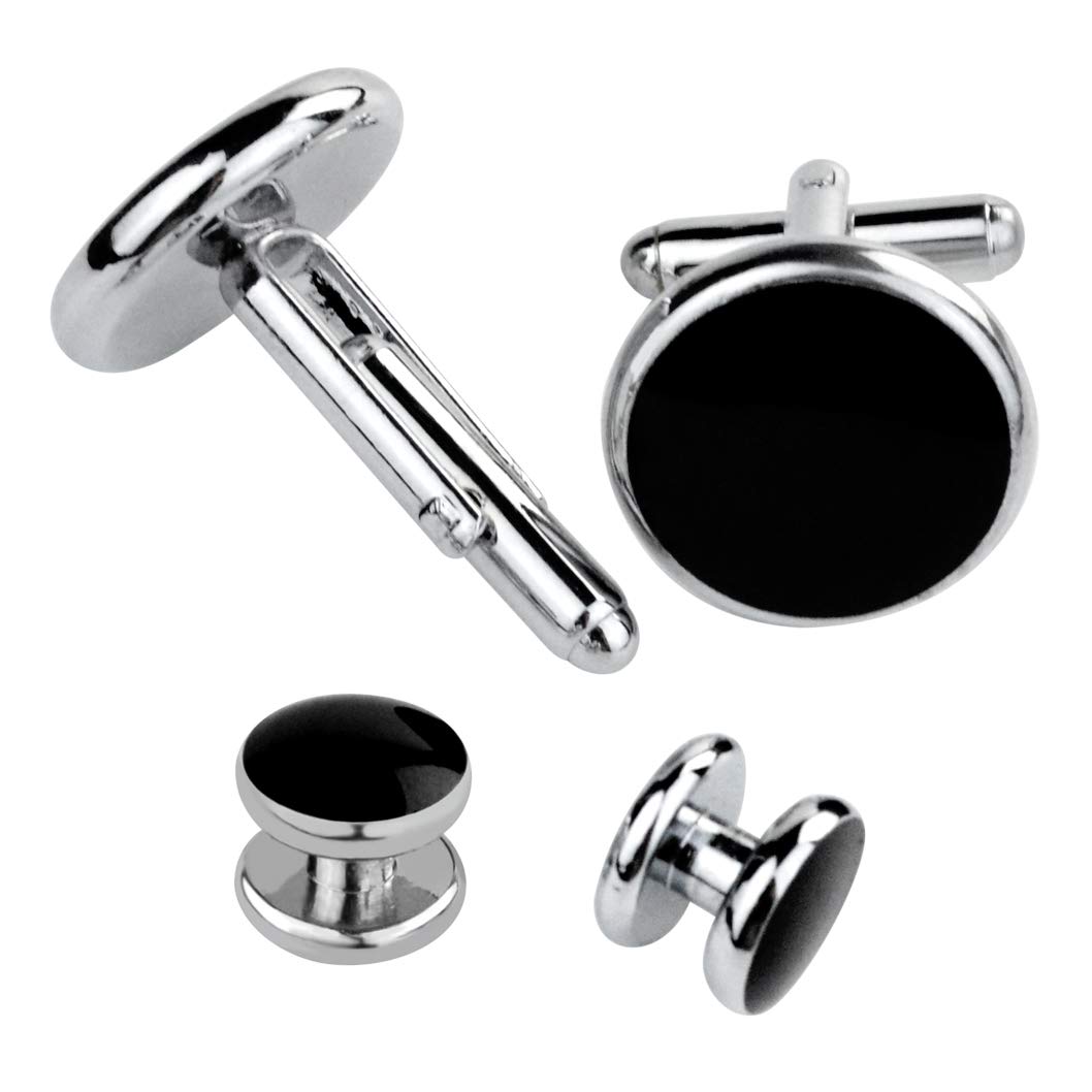 Black Silver Tuxedo Studs and Cufflinks Set, Mens Cufflinks and Cuff Studs Set Cuff Links Stainless Steel Tux Buttons with Box for Tuxedo Shirts Wedding Business Gift