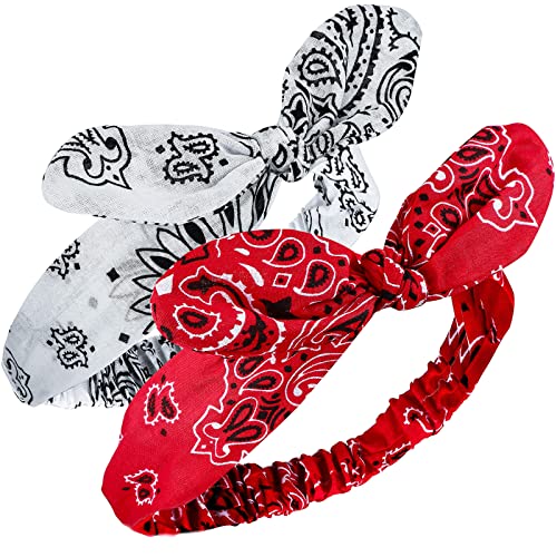 2 Pieces Bandana Headband for Women, Knot Retro Print Headbands Paisley Print Headband Headwrap Adjustable Headwrap(Red, White)