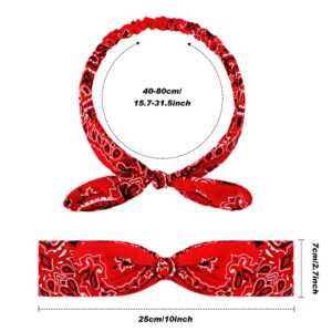 2 Pieces Bandana Headband for Women, Knot Retro Print Headbands Paisley Print Headband Headwrap Adjustable Headwrap(Red, White)