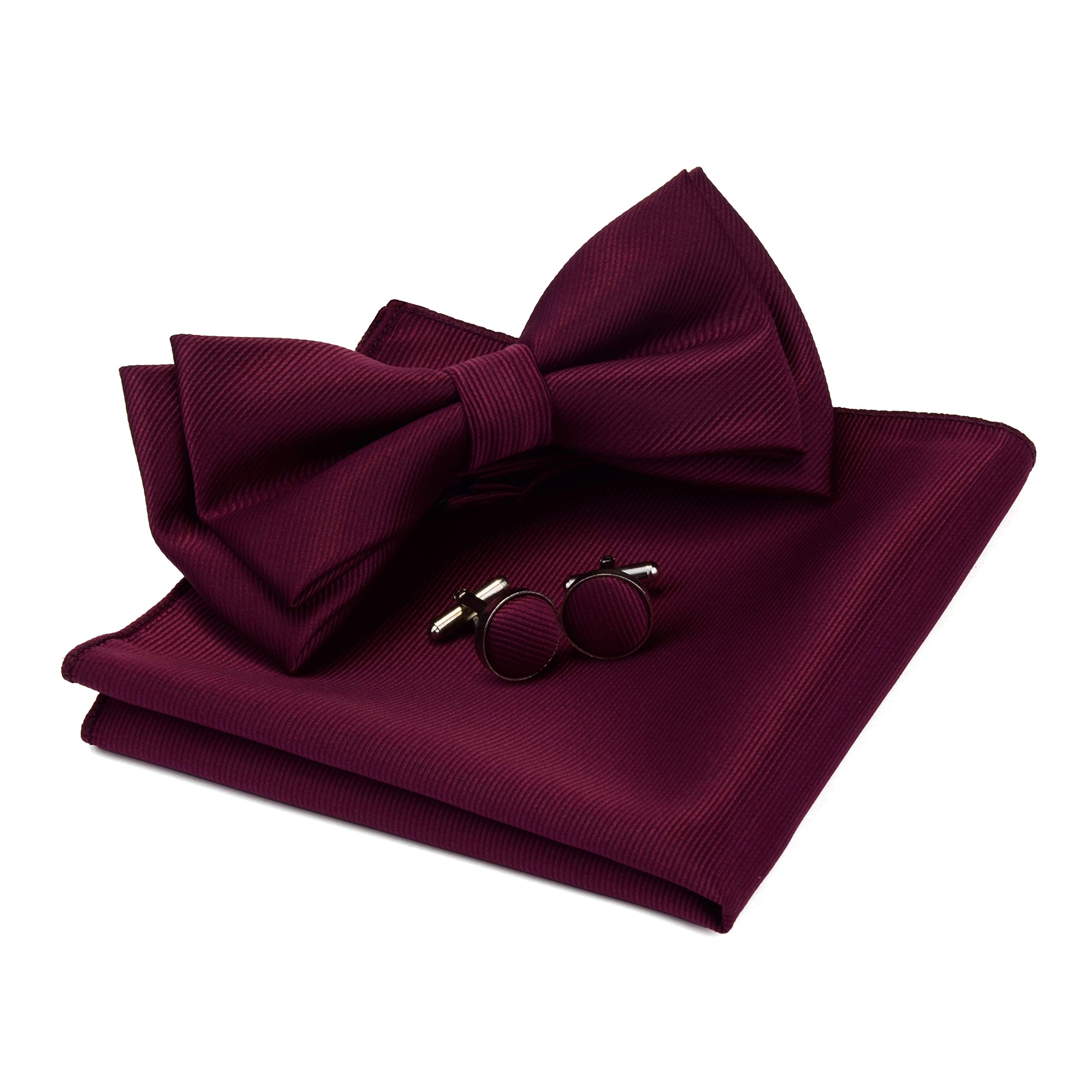 Burgundy Bow Tie Pre-tied Adjustable Wine Red Bow Ties and Pocket Square Cufflink Sets (0577-06)