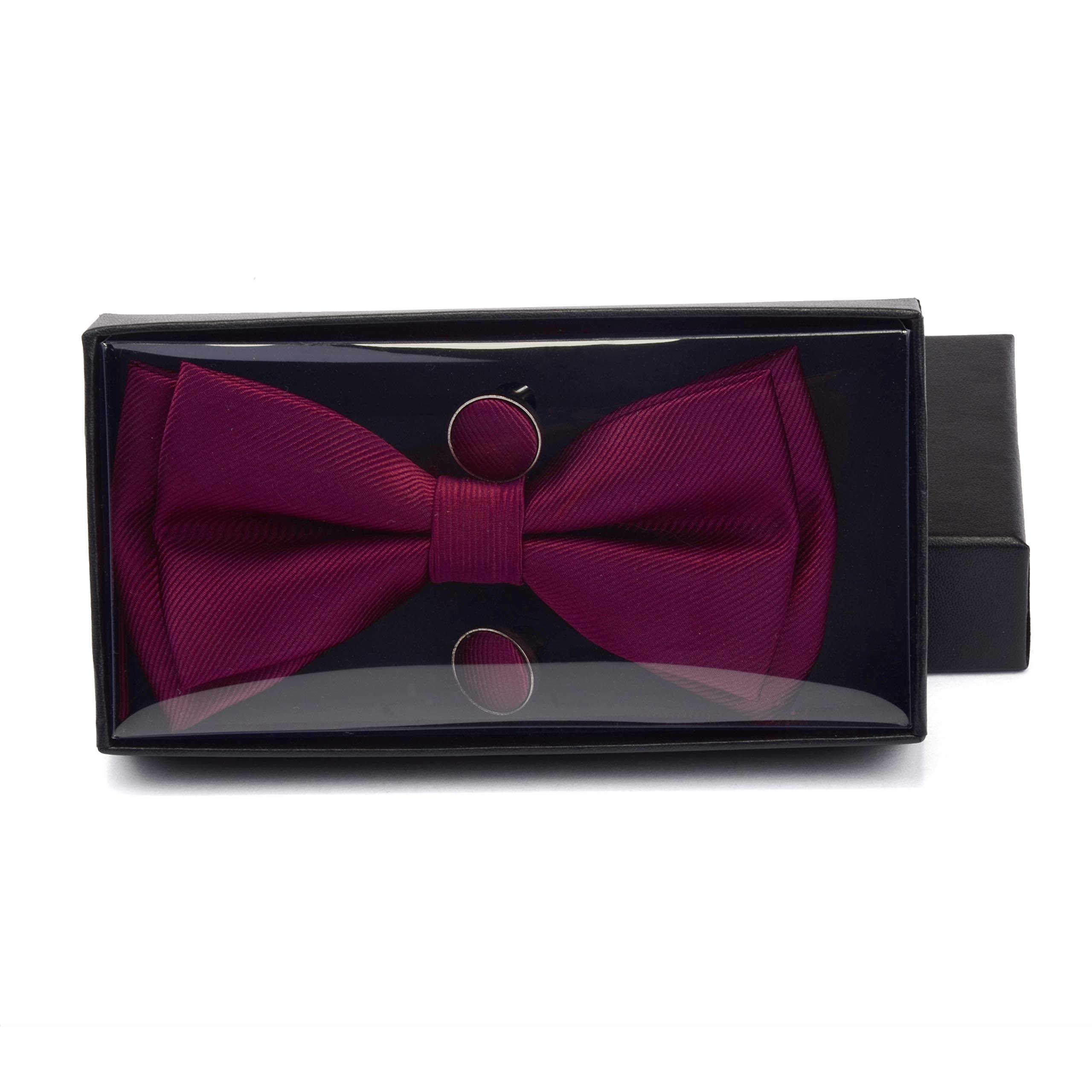 Burgundy Bow Tie Pre-tied Adjustable Wine Red Bow Ties and Pocket Square Cufflink Sets (0577-06)