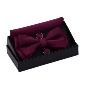 Burgundy Bow Tie Pre-tied Adjustable Wine Red Bow Ties and Pocket Square Cufflink Sets (0577-06)