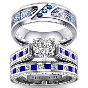 ringcrown blue cz couple rings white gold filled heart womens wedding ring sets titanium steel man wedding band