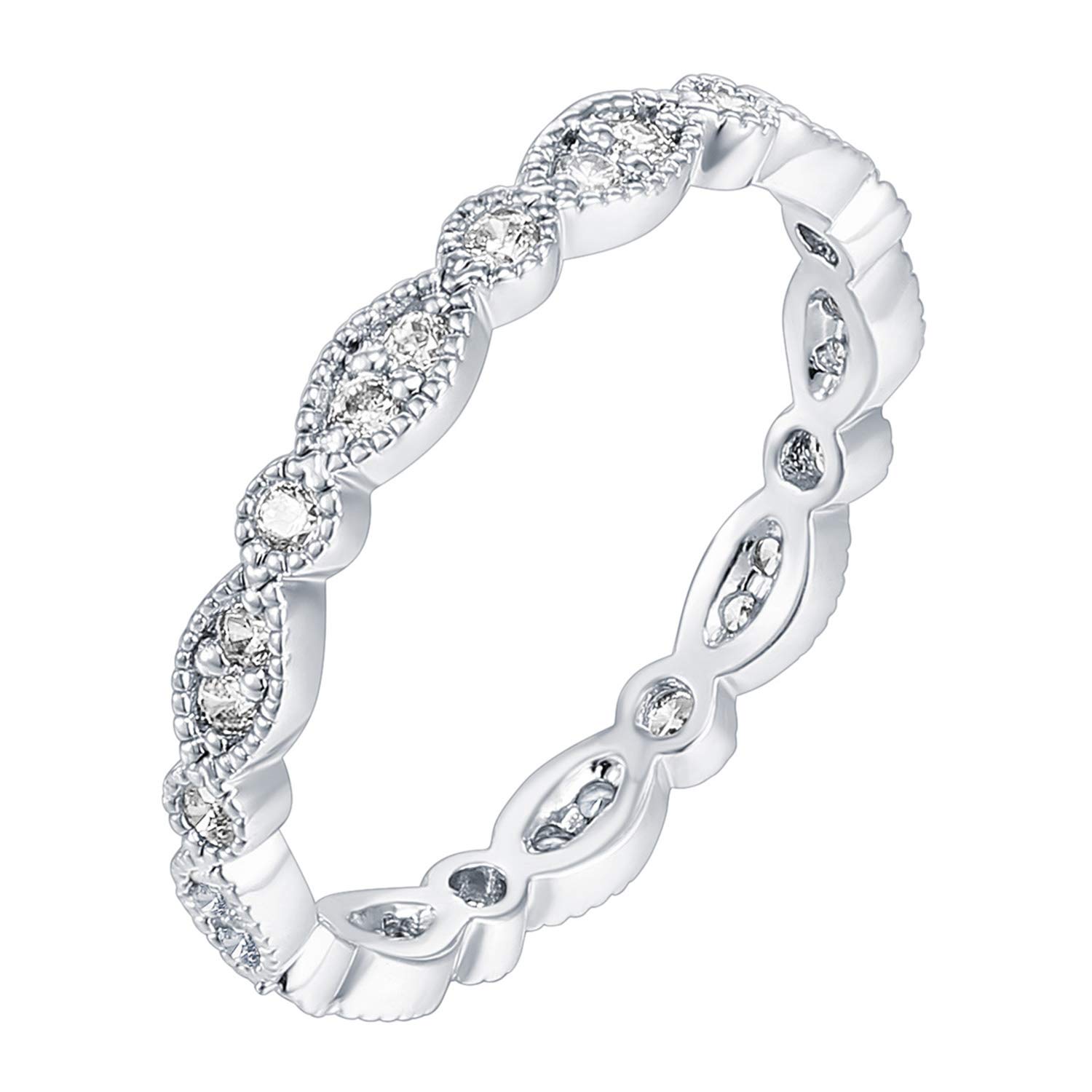 PAVOI 14K White Gold Plated Rings Cubic Zirconia Band | Round Milgrain Eternity Bands | White Gold Rings for Women Size 5