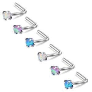 ZS 6 Pieces Opal Nose Studs 20 Gauge Nose Pin Blue Nose Piercing Stud Stainless Steel Nose Stud Retainer L-Shape (6PCS L-shaped Nose Rings)