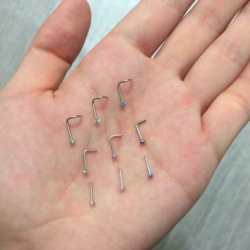 ZS 6 Pieces Opal Nose Studs 20 Gauge Nose Pin Blue Nose Piercing Stud Stainless Steel Nose Stud Retainer L-Shape (6PCS L-shaped Nose Rings)