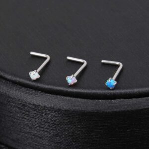 ZS 6 Pieces Opal Nose Studs 20 Gauge Nose Pin Blue Nose Piercing Stud Stainless Steel Nose Stud Retainer L-Shape (6PCS L-shaped Nose Rings)