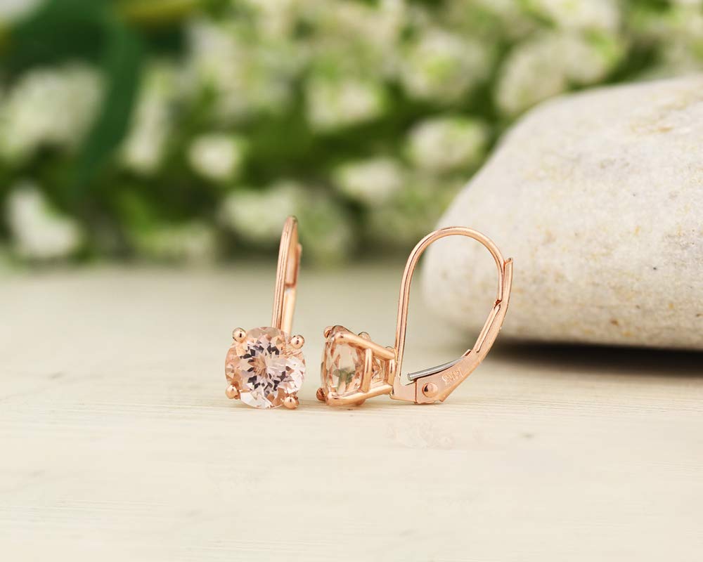 Solid 14k Rose Gold Morganite Dangle Lever back Earrings (Morganite 6mm Round)