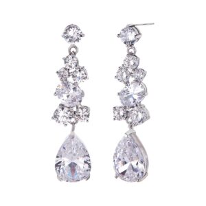 bridal earrings for wedding silver - 14k plated sterling silver teardrop cz cubic zirconia crystal rhinestone floarl leaf cluster long fashion statement costume earrings for wedding party prom