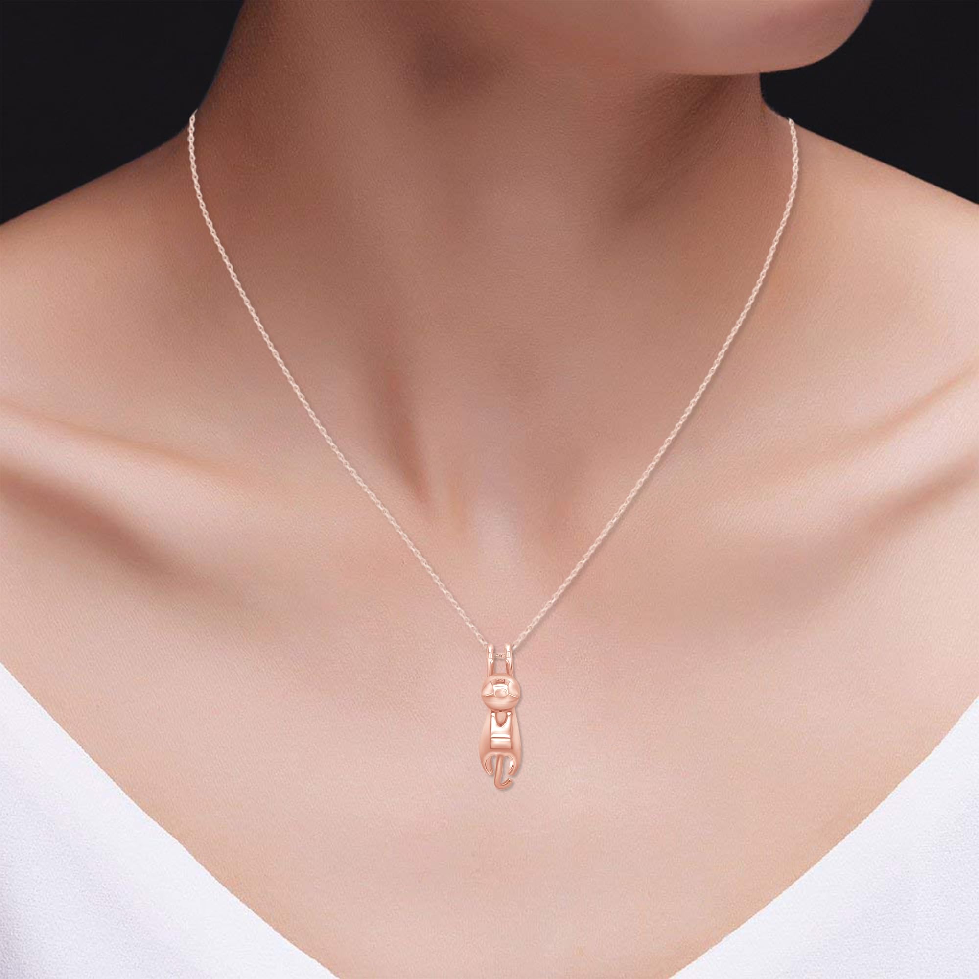 AFFY 14k Rose Gold Over Sterling Silver Flying Hanging Cat Pendant Necklace for Women