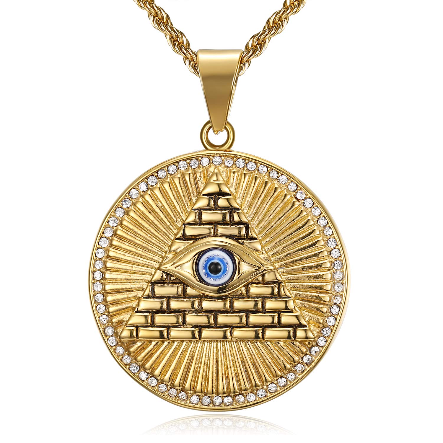 Eye of Horus On Pyramid Egyptian And Scarab Egyptian Protection Ankh Cross Protection Pendant Stainless Steel Necklace, 24 Inch Chain Eye of Providence/ All-Seeing-Eye/Blue Evil Eye Jewelry