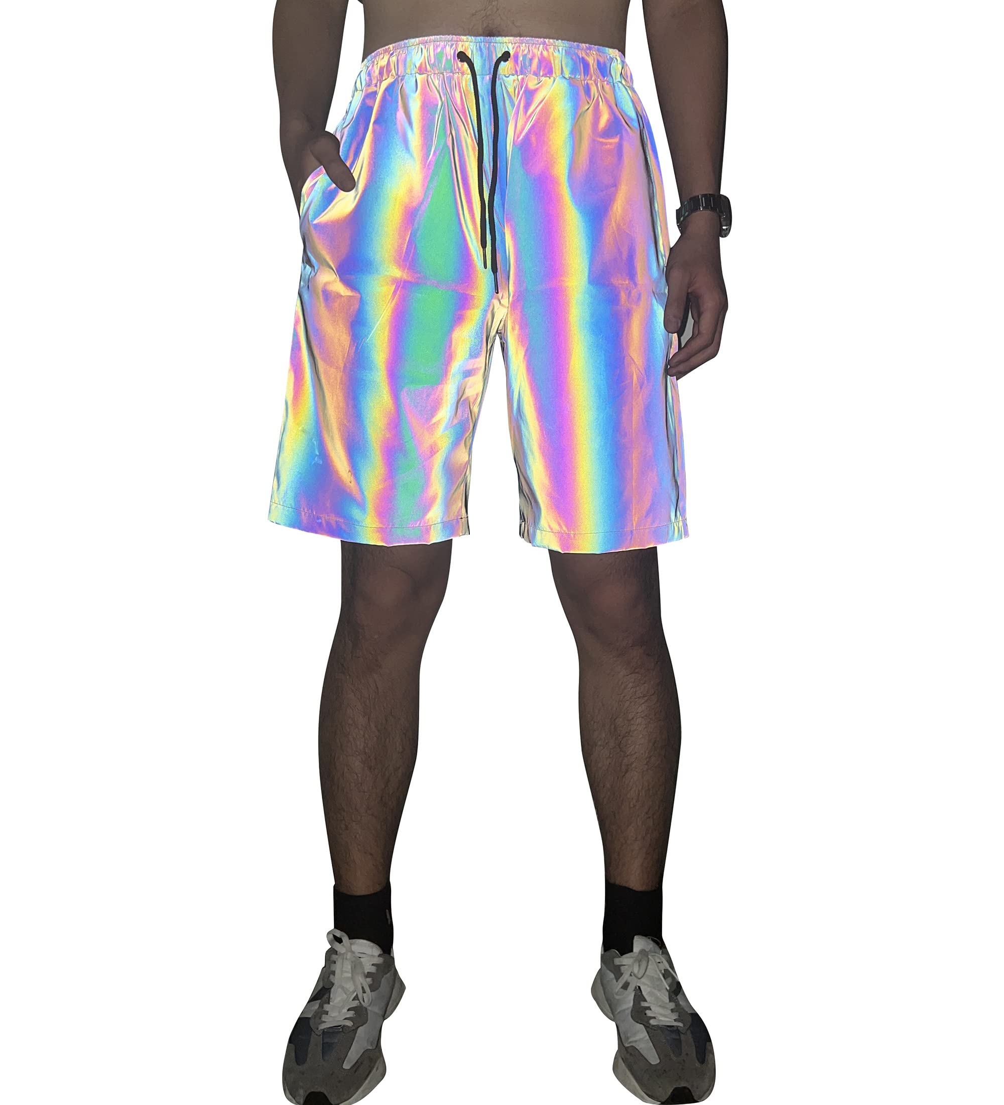 LZLRUN Rainbow Reflective Shorts Pants Men Fluorescent Trousers Casual Night Jogger (XL, Shorts)