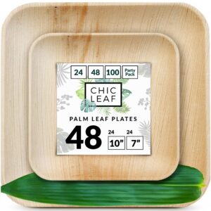 Chic Leaf Palm Leaf Disposable Plates - Bamboo Plates Disposable 10 Inch & 7 Inch Square (48 Pc) Compostable & Biodegradable, Better than Plastic Plates - Heavy-Duty, Party Plates Dinnerware Set