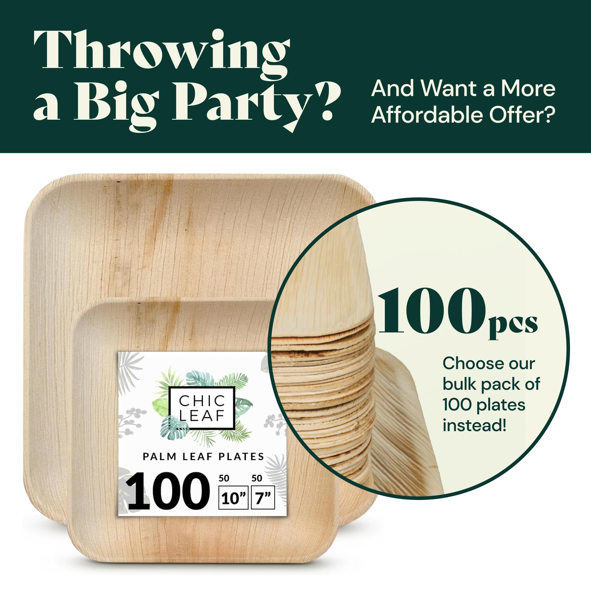 Chic Leaf Palm Leaf Disposable Plates - Bamboo Plates Disposable 10 Inch & 7 Inch Square (48 Pc) Compostable & Biodegradable, Better than Plastic Plates - Heavy-Duty, Party Plates Dinnerware Set