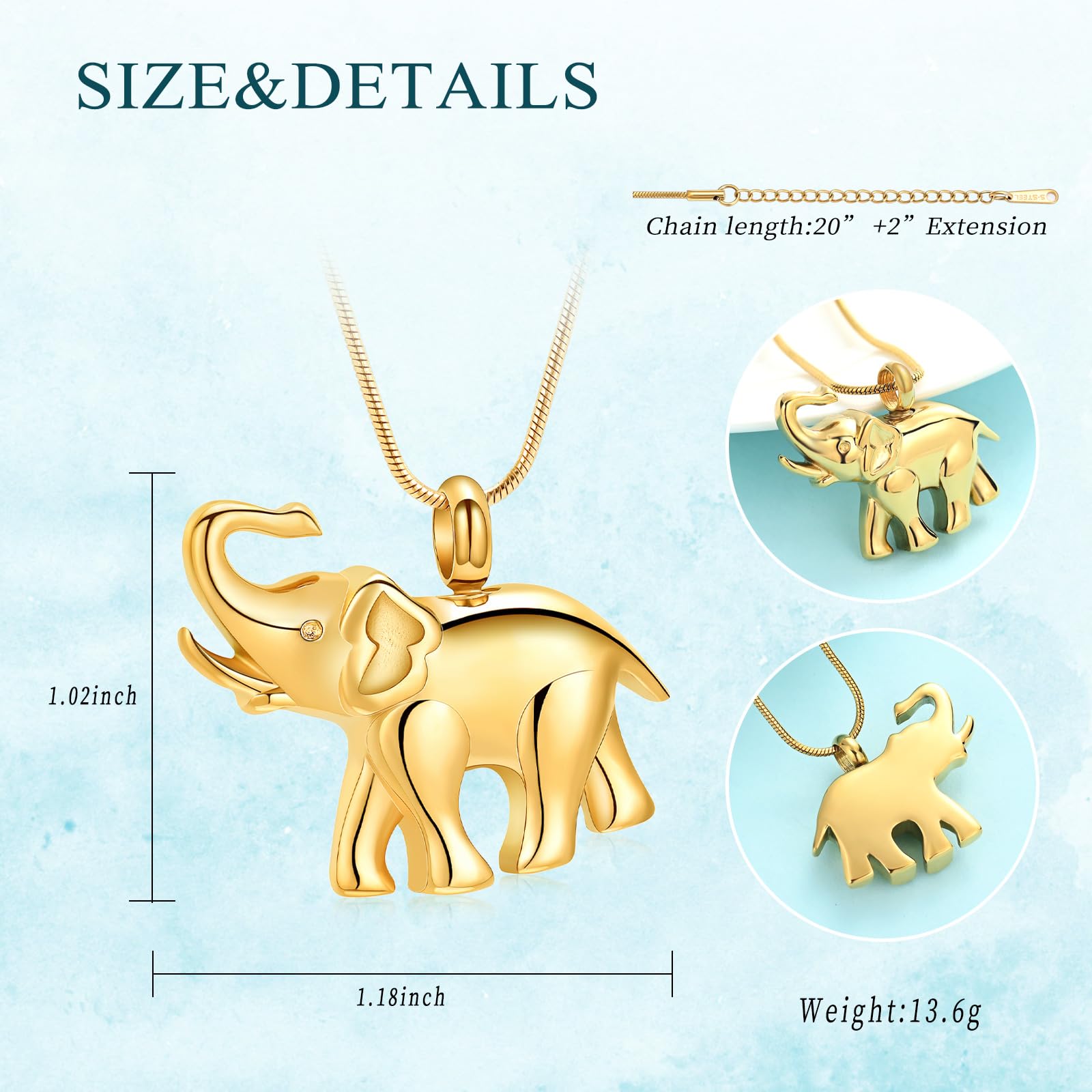 AIWENXI Animal Cremation Jewelry Elephant Urn Necklace for Ashes Stainless Steel Memorial Necklaces Keepsake Jewelry for Human Pet Ash Holder with Filler Tool(Gold)