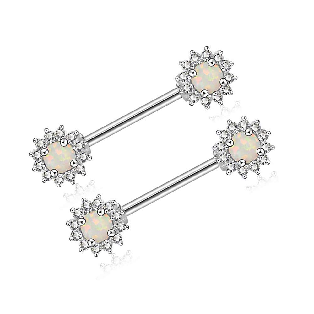 Gabry&jwl 2PCS Nipple Rings 14G 316L Surgical Stainless Steel Nipple Barbell Opal Center Cluster Round Cut Clear CZ Filigree Nipplerings Body Piercing Jewelry for Women