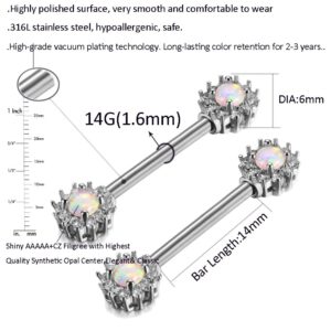 Gabry&jwl 2PCS Nipple Rings 14G 316L Surgical Stainless Steel Nipple Barbell Opal Center Cluster Round Cut Clear CZ Filigree Nipplerings Body Piercing Jewelry for Women