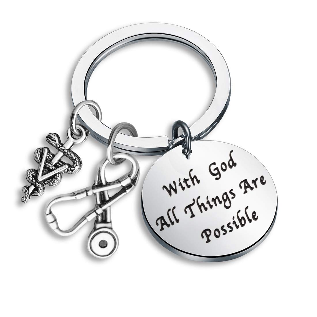 BEKECH Veterinarian Gift Veterinary Technician Gift with God All Things are Possible Keychain with Caduceus Stethoscope Charm Vet Tech Jewelry Animal Rescue Gift (Silver)