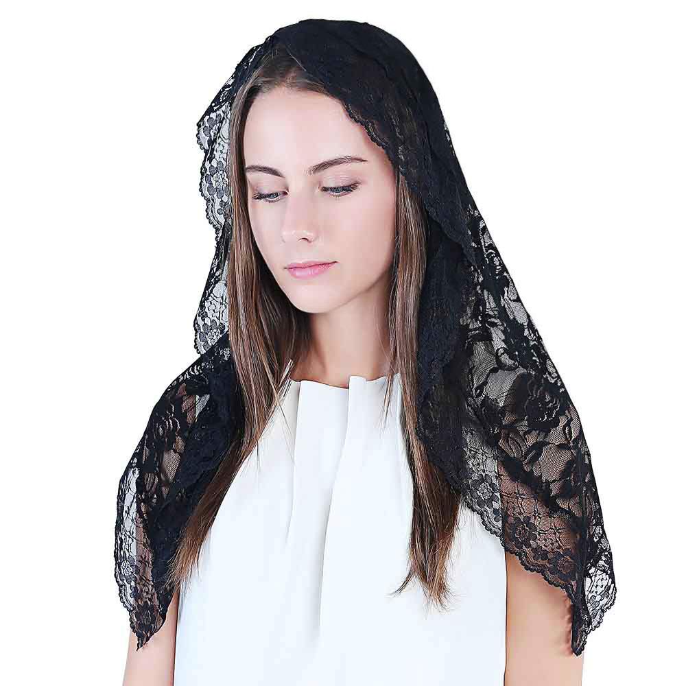 Beautyflier Black Veil Lace Mantilla Catholic Church Chapel Veil Head Covering Latin Mass (Black)