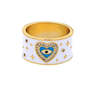 ailuor fashion white enamel evil eye ring, inspirational turkish hamsa crystal love heart eye charm protection rings for women size 7 (white)