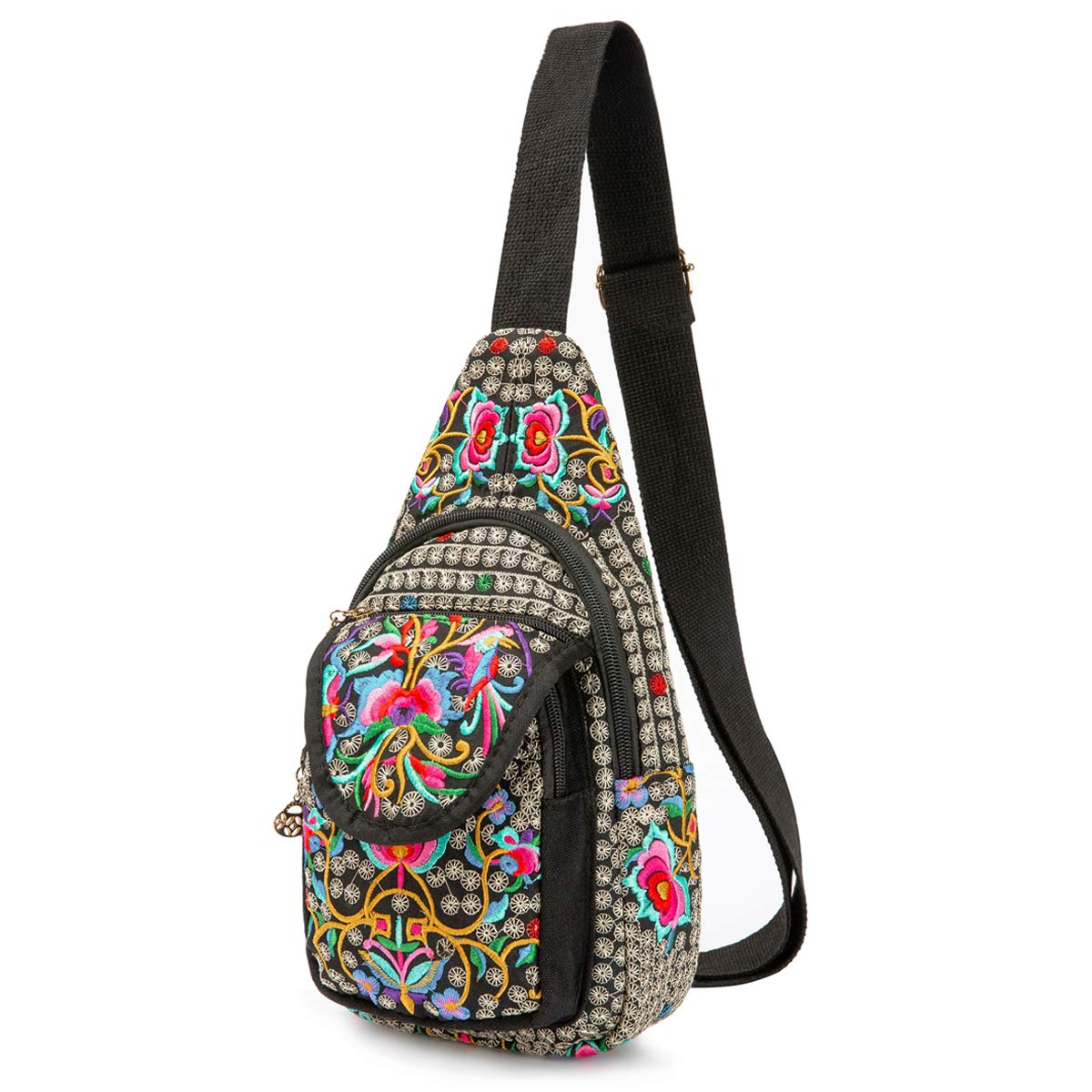 SILKAREA Embroidered Canvas Sling Backpack for Women Travel Chest Bag Crossbody Backpack Purse Shoulder Bag Medium