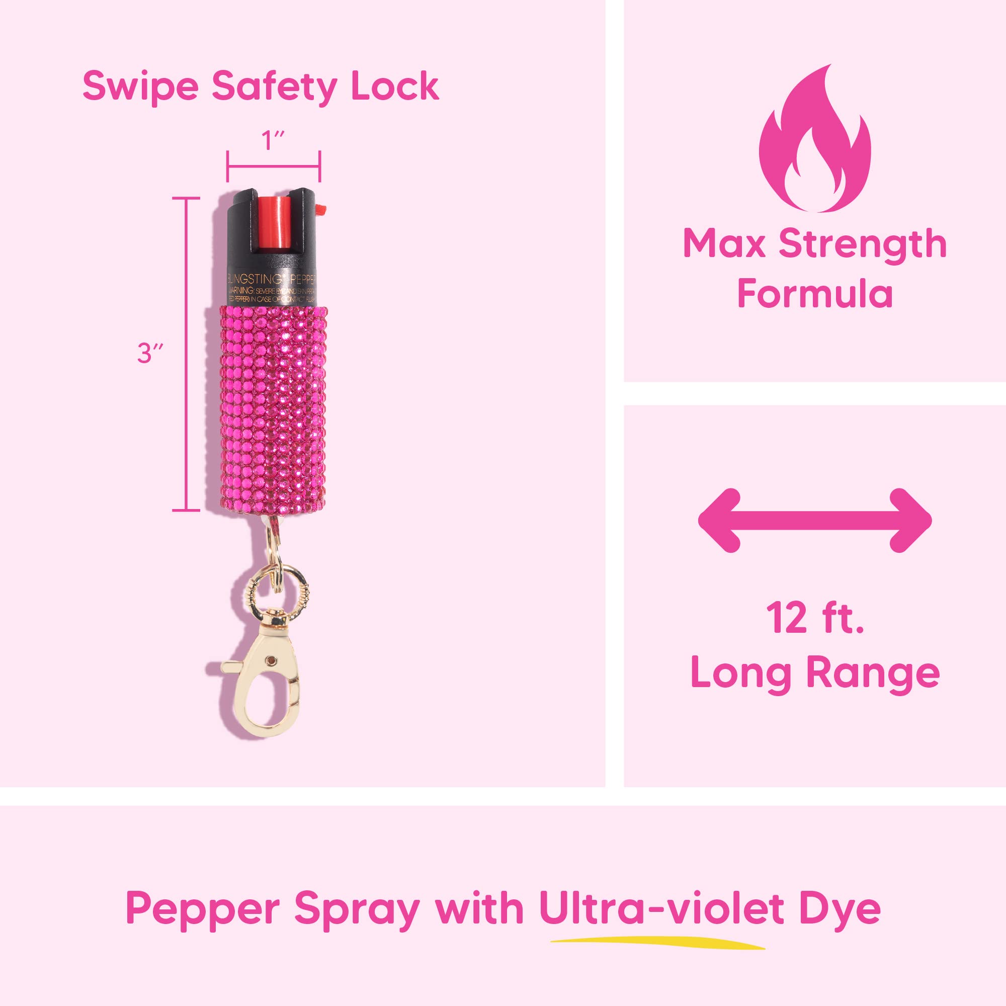 BLINGSTING Pepper Spray for Women - Maximum Strength OC Self Defense Spray - 12 ft Range - UV Marking Dye for Police ID - Swipe Safety Lock - Compact & Fashionable Keychain - Pink (2 Pack)