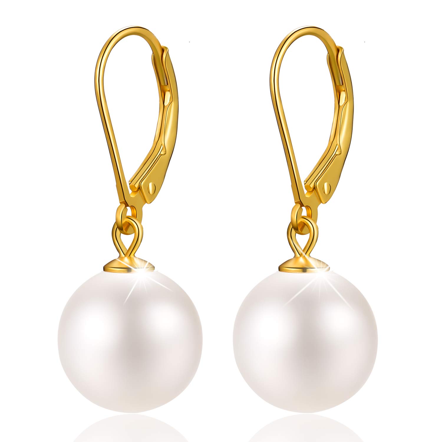 Esberry 925 Sterling Shell Pearl Silver Earrings 6-12mm Handpicked White Shell Pearl Drop Leverback Earrings for Women and Girls