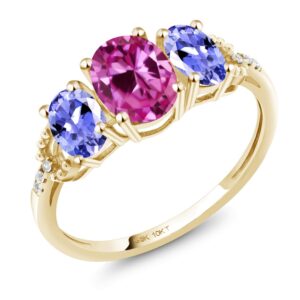 Gem Stone King 10K Yellow Gold Oval Pink Created Sapphire Blue Tanzanite and Diamond Engagement Ring For Women (1.82 Cttw, Available In Size 5, 6, 7, 8, 9)