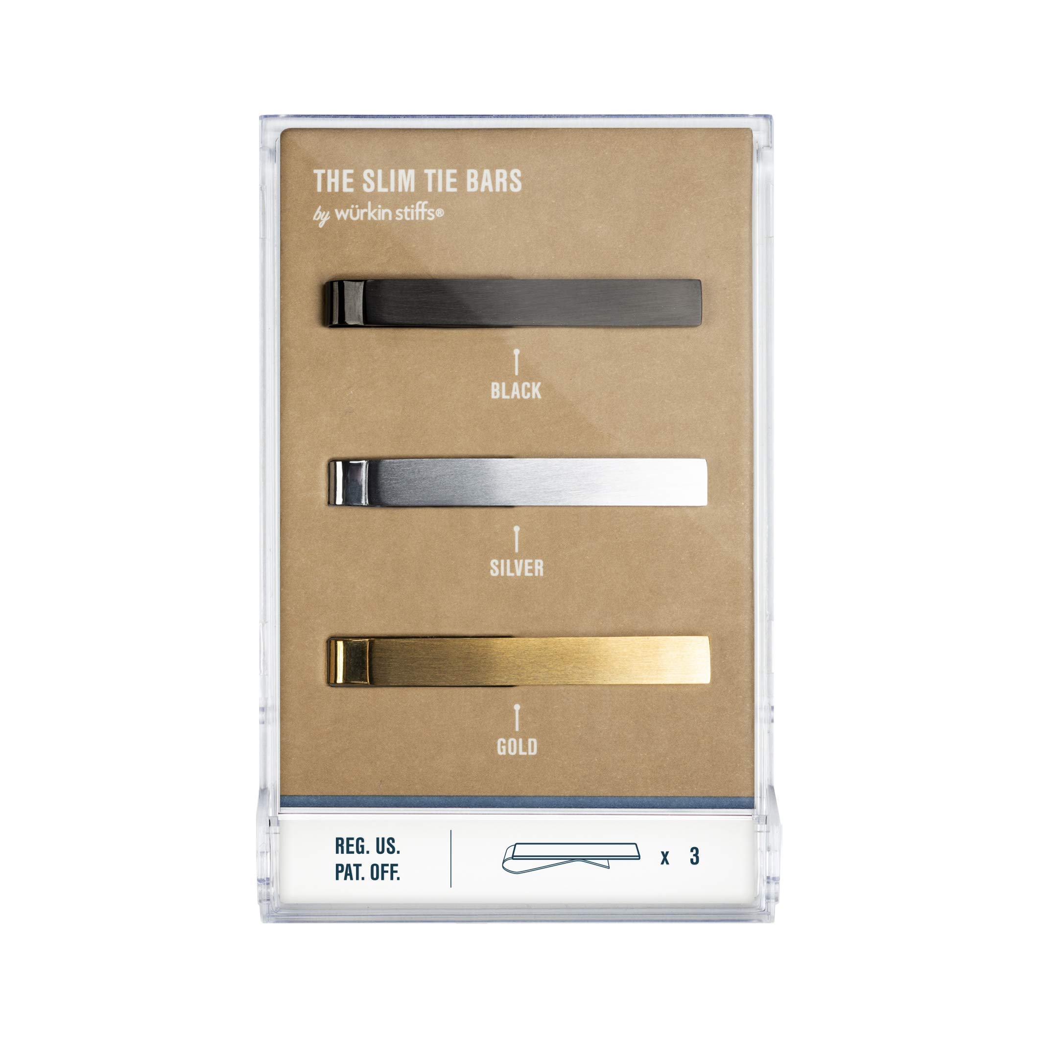 Würkin Stiffs The Slim Tie Bar Clip Set Set of 3 Brushed Finish Tie Clips | Includes (1) Gold, (1) Black, (1) Silver | Pack of 1.65” Long Necktie Clips | Gift for Men | As Seen on Shark Tank