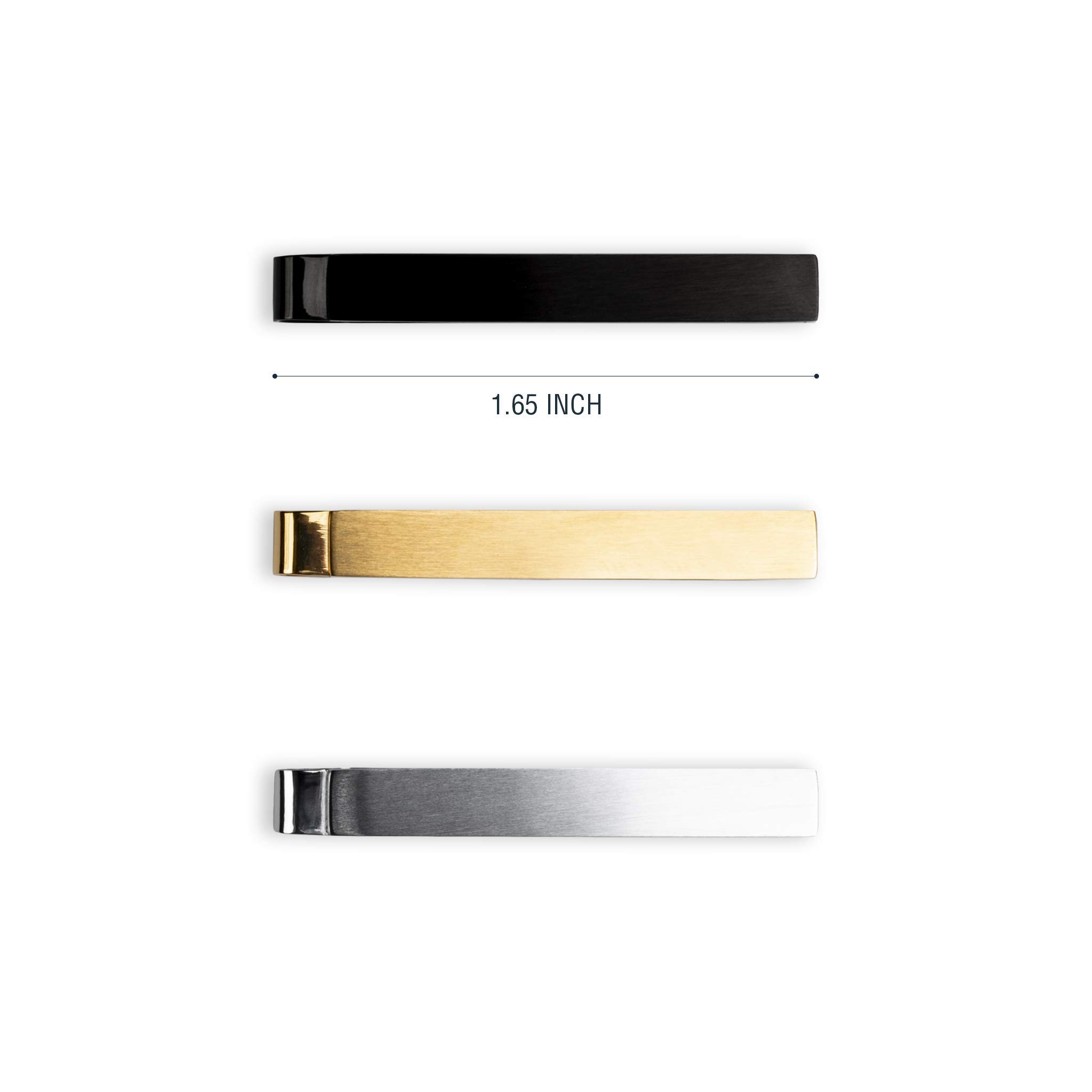 Würkin Stiffs The Slim Tie Bar Clip Set Set of 3 Brushed Finish Tie Clips | Includes (1) Gold, (1) Black, (1) Silver | Pack of 1.65” Long Necktie Clips | Gift for Men | As Seen on Shark Tank